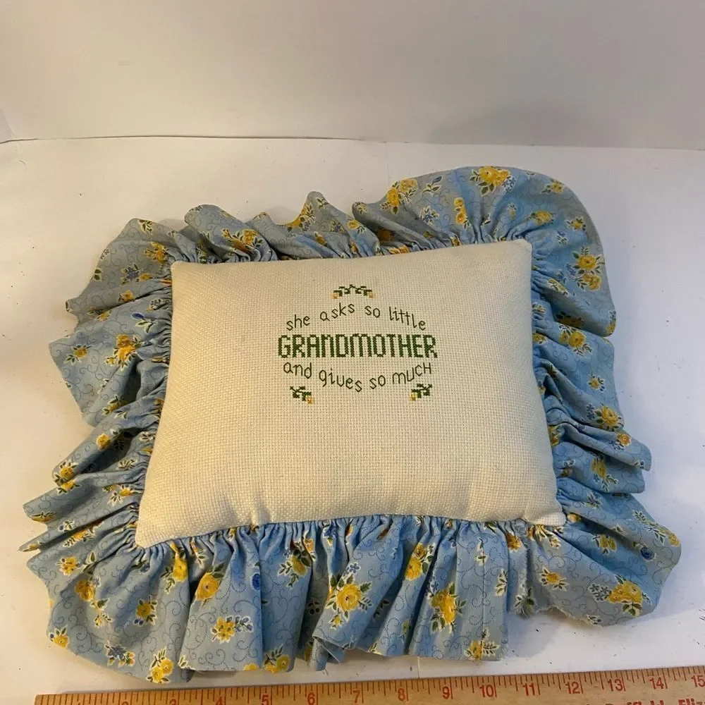 Vintage‎ cross stitch pillow “Grandmother” 16x13 blue yellow country cottage